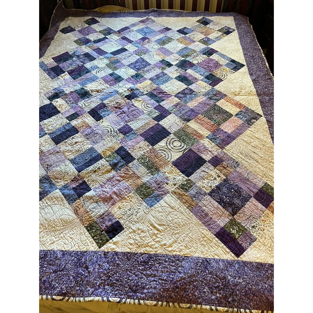 Cottage Core Hand Made QUILT Wall Hanging 75 X 58” Purple Napa Diamonds NEW